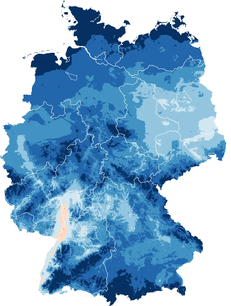 Deutschlandkarte der heißen Tage im Mittel 1961 bis 1990: Fast die ganze Fläche ist blau, hatte also weniger als 10 heiße Tage pro Jahr. Am hellsten ist der Oberrhein. Am dunkelsten sind Küsten und Gebirge.