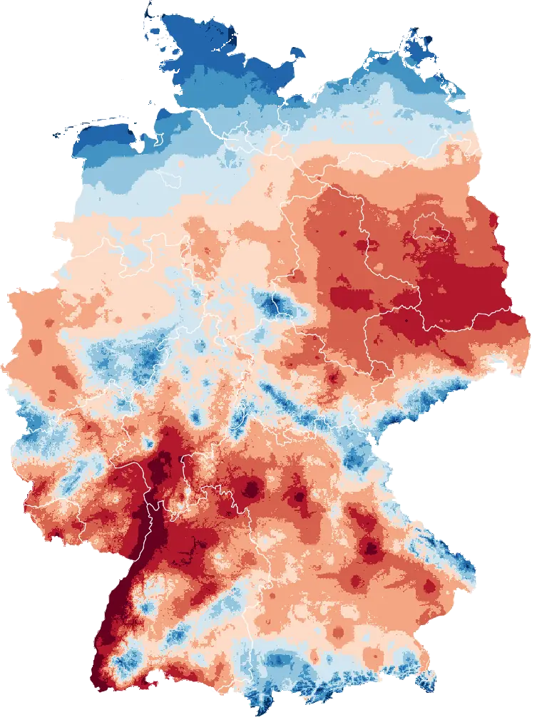 Deutschlandkarte der heißen Tage im Mittel 2016 bis 2025: Gut zwei Drittel der Fläche sind orange oder rot, haben also 10 oder mehr heiße Tage pro Jahr. Am dunkelsten sind der Oberrhein und der Osten um Berlin. Blau bleiben vor allem Küsten und Mittelgebirge.