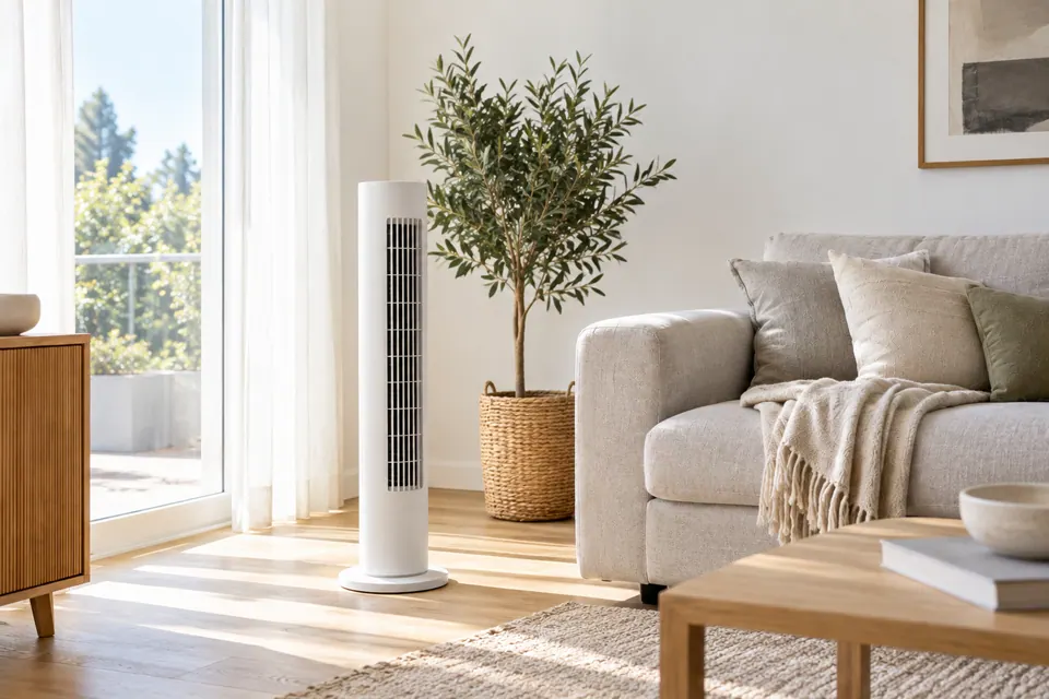 Stehventilator in einem hellen Wohnzimmer neben einem Sofa, im Hintergrund ein geöffnetes Fenster mit leichtem Vorhang.