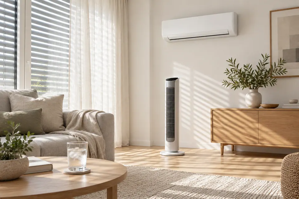 Helles Wohnzimmer mit geschlossenen Außenjalousien, durch die gedämpftes Licht fällt, und einem Ventilator neben dem Sofa.