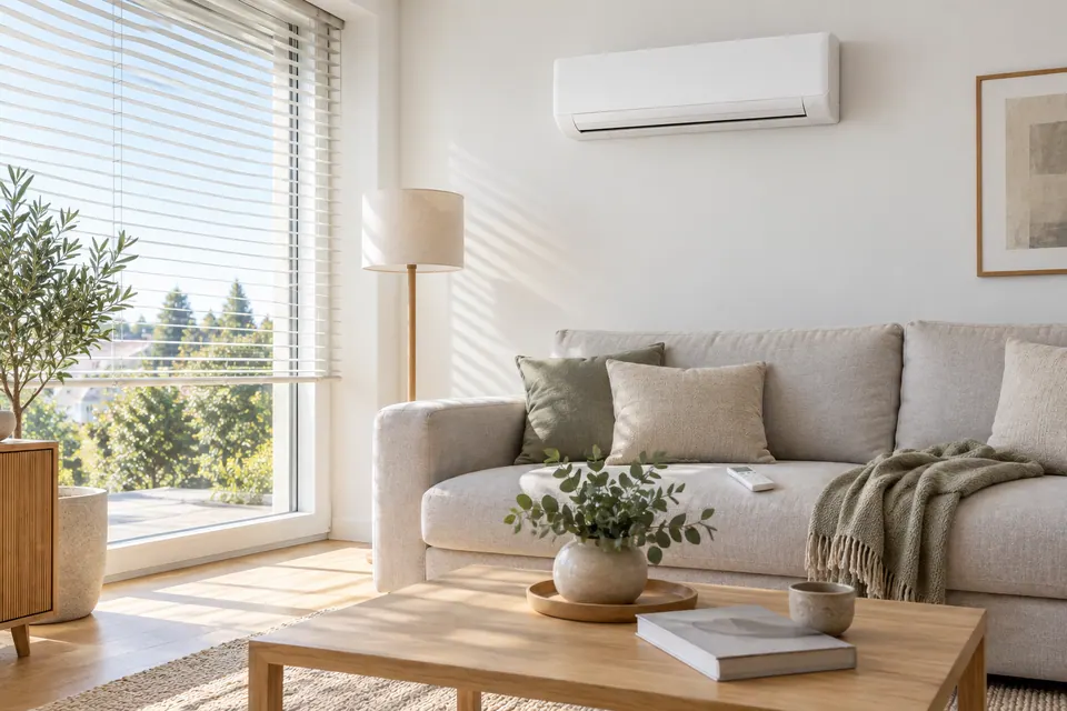 Helles Wohnzimmer mit einem weißen Wand-Innengerät und einer Fernbedienung auf dem Sofa, durch das große Fenster fällt Sonne.