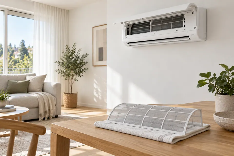 Helles Wohnzimmer mit einem weißen Wand-Innengerät einer Klimaanlage, daneben ein herausgenommener Luftfilter auf einem Tuch.