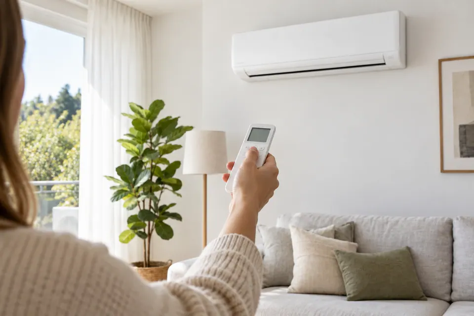 Hand hält eine weiße Fernbedienung einer Klimaanlage, im Hintergrund ein helles Wohnzimmer mit einem Wandgerät.