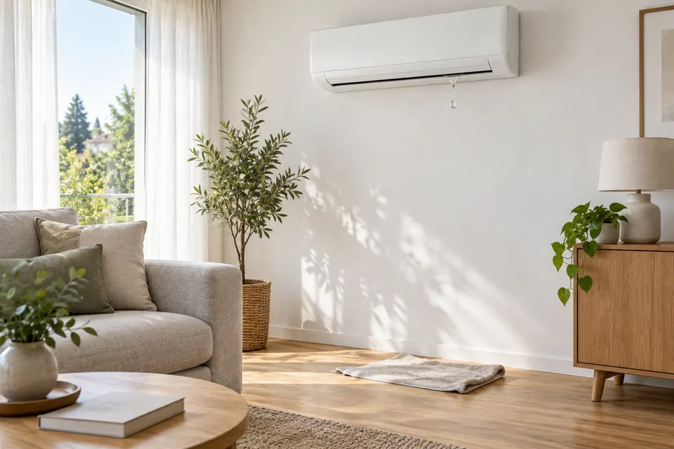 Helles Wohnzimmer mit einem weißen Wand-Innengerät, an dessen Unterkante ein einzelner Wassertropfen hängt.