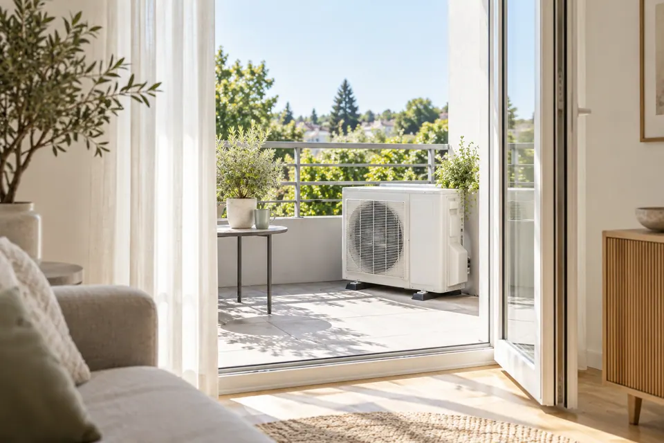 Helles Wohnzimmer einer Etagenwohnung mit großem Fenster und Balkontür, an der Wand ein weißes Klimagerät.
