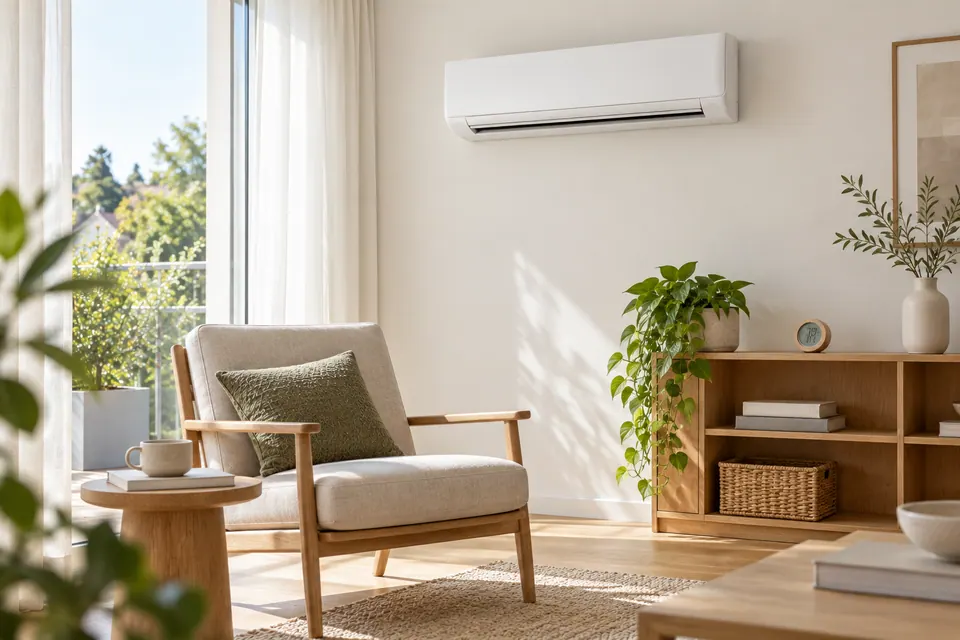 Wandgerät einer Klimaanlage mit nach oben gerichteten Lamellen in einem hellen Wohnraum.