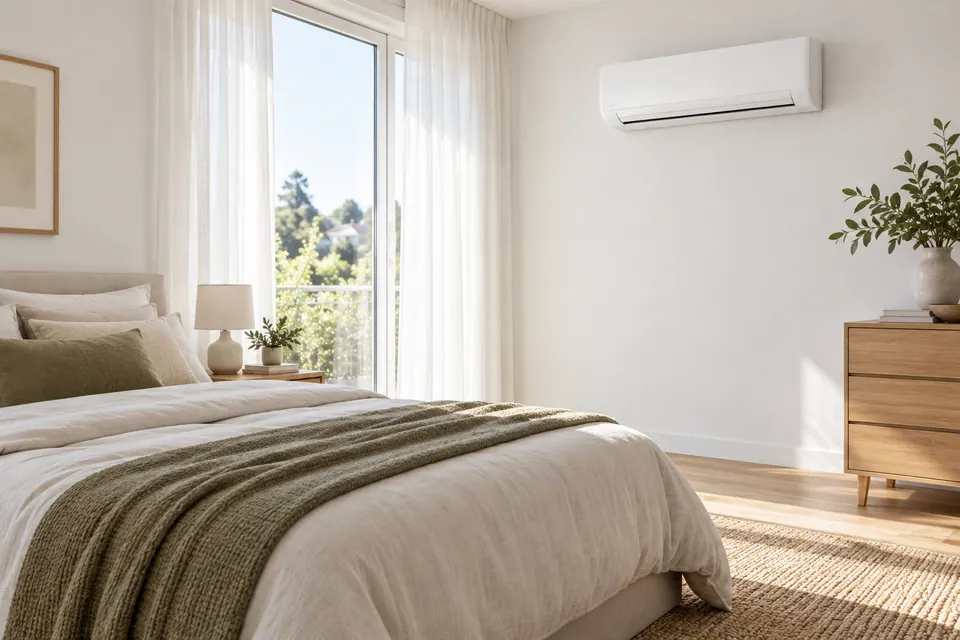 Helles, aufgeräumtes Schlafzimmer mit Doppelbett und einem Wandgerät einer Klimaanlage an der Seitenwand.