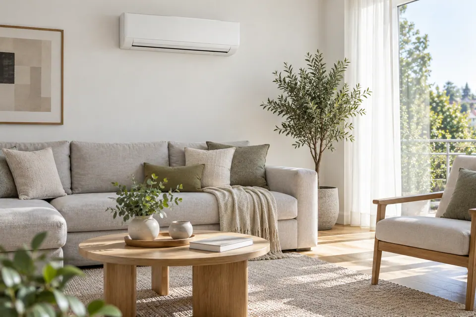 Helles Wohnzimmer mit einem Split-Innengerät an der Wand, davor ein Sofa im Sonnenlicht.