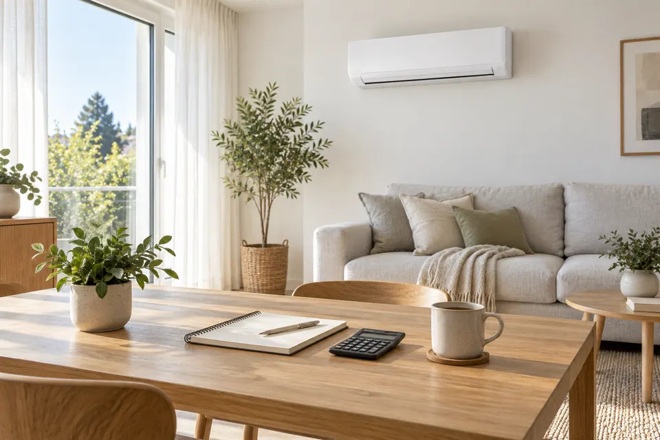 Wandgerät einer Klimaanlage in einem hellen Wohnzimmer, daneben ein Tisch mit Notizblock und Taschenrechner.