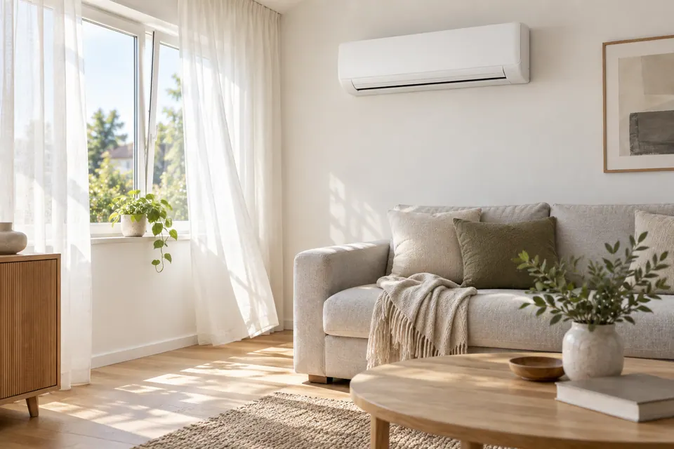 Helles Wohnzimmer mit geöffnetem Fenster und einem Wandgerät einer Klimaanlage an der Wand daneben.