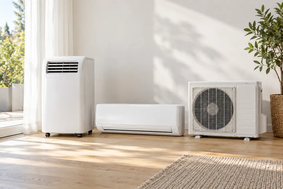 Helles Wohnzimmer mit einem Split-Innengerät an der Wand und einem mobilen Klimagerät auf Rollen neben dem Sofa.