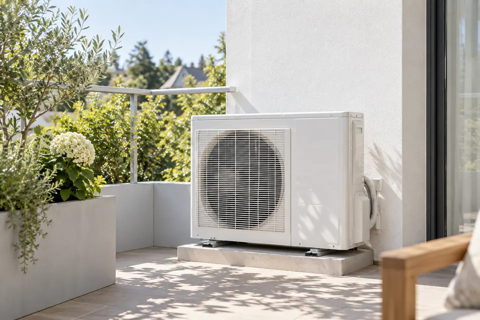 Außengerät einer Klimaanlage mit großem Lüfter auf einem Balkon, im Hintergrund ein sonniger Sommerhimmel.