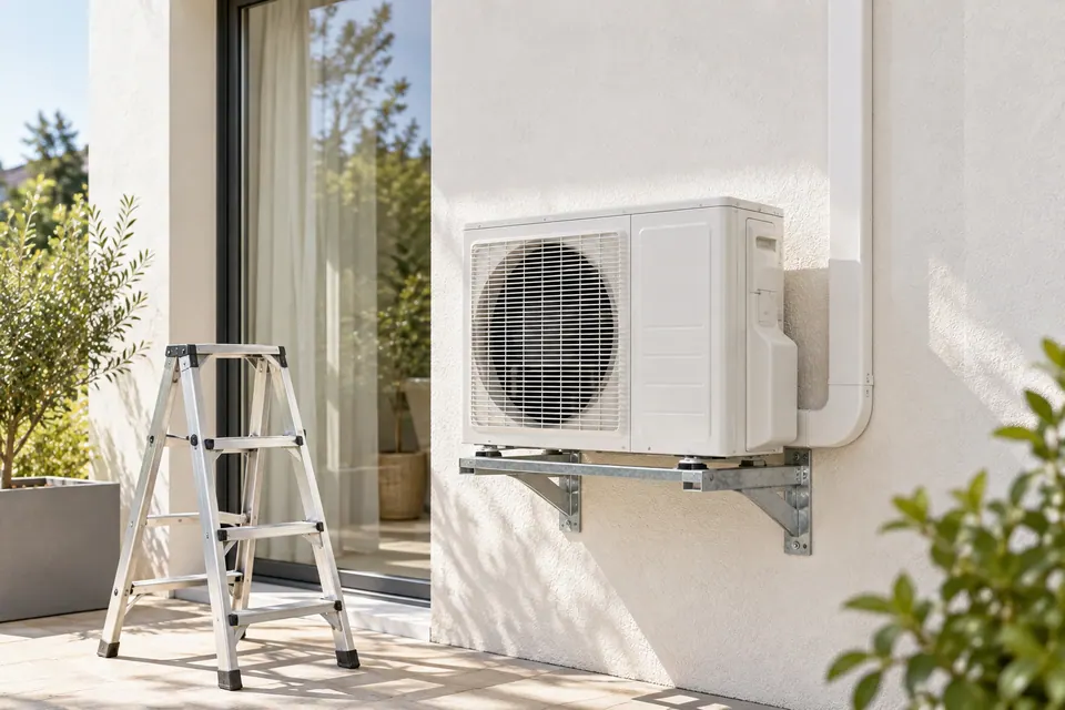 Helles Wohnzimmer mit einem frisch montierten weißen Wandgerät einer Split-Klimaanlage über dem Sofa.