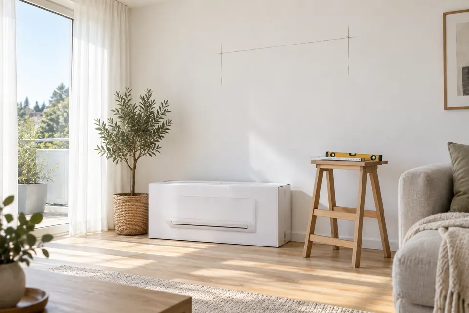 Weiße Wand im hellen Wohnraum mit angezeichneter Position für ein Innengerät, daneben ein Zollstock und eine Wasserwaage auf einem Hocker.