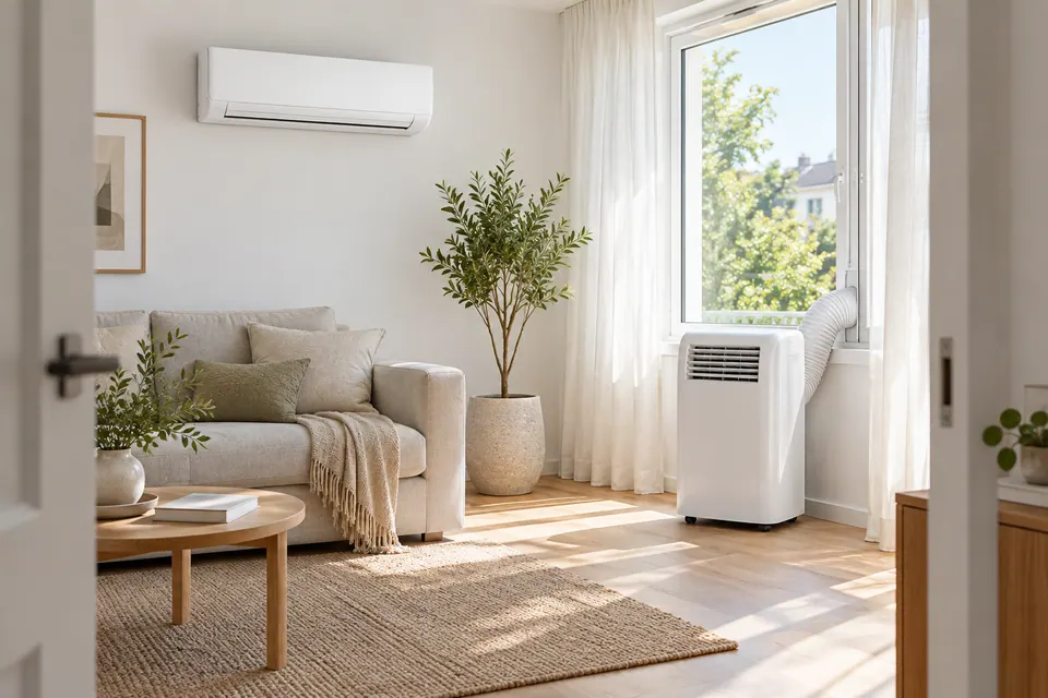 Helles Wohnzimmer mit einem mobilen Klimagerät mit Abluftschlauch am Fenster neben einem Sofa.