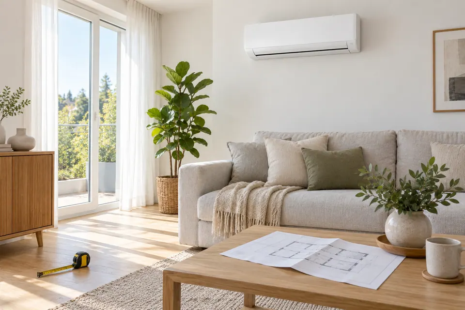 Helles Wohnzimmer mit großem Fenster, durch das die Nachmittagssonne einfällt, und einem Split-Innengerät an der Wand.