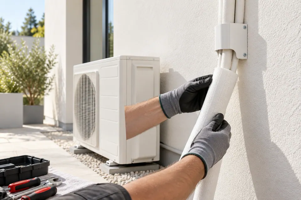 Außengerät einer Split-Klimaanlage an einer hellen Hauswand mit sauber verlegter Leitung.