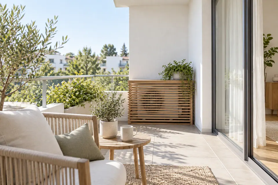 Weiße Fassade eines Mehrfamilienhauses mit Balkonen, auf einem Balkon steht ein kleines Klima-Außengerät hinter einer Verkleidung.