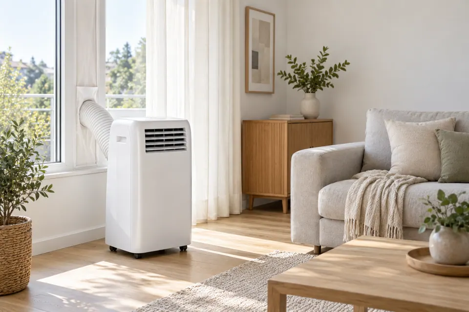 Mobile Klimaanlage steht in einem hellen Wohnzimmer einer Mietwohnung neben einem Fenster mit Abluftschlauch.