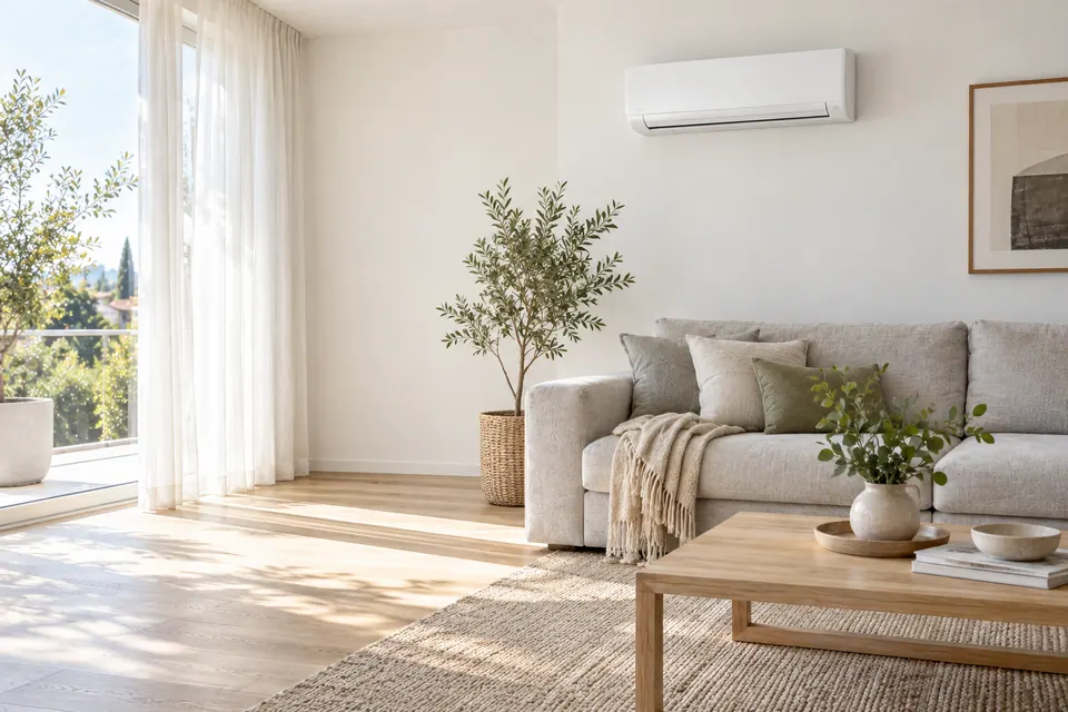 Helles Wohnzimmer an einem Sommertag mit weißer Split-Klimaanlage an der Wand über einem grauen Sofa
